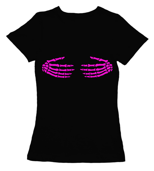 Camiseta Chica abrazo esqueleto rosa